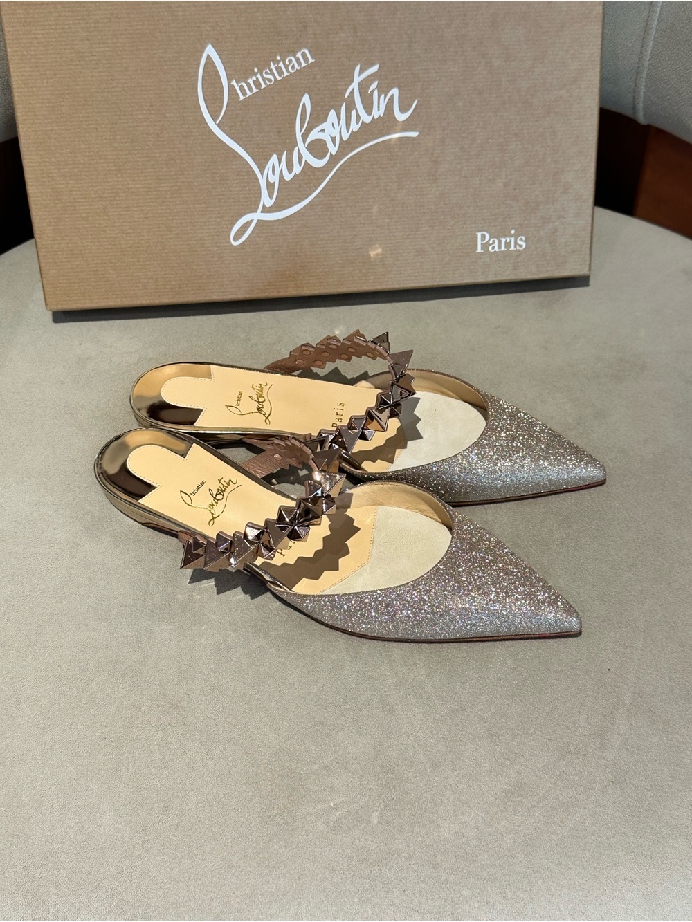 Christian Louboutin Choc Flat Mini Glitter Pointed-Toe Stud Strap Mule - Picture 5 of 8